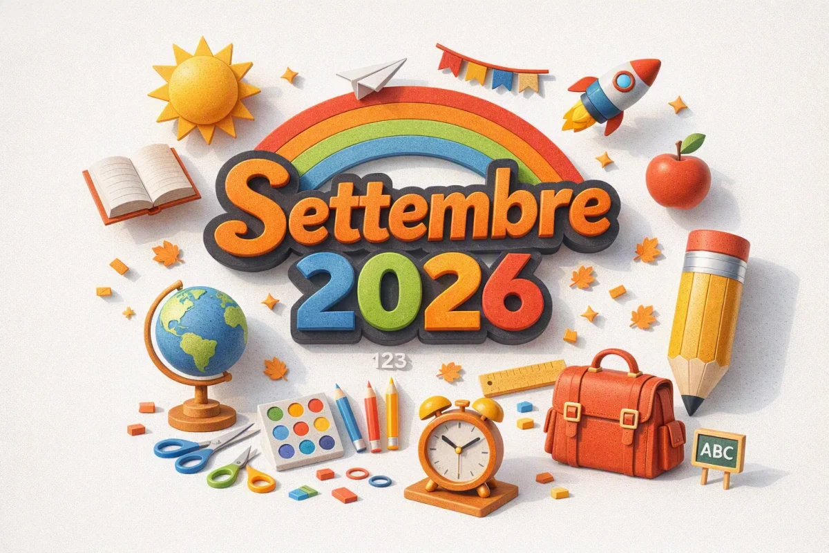 Scritta settembre 2026 con alcuni disegni a tema scolastico